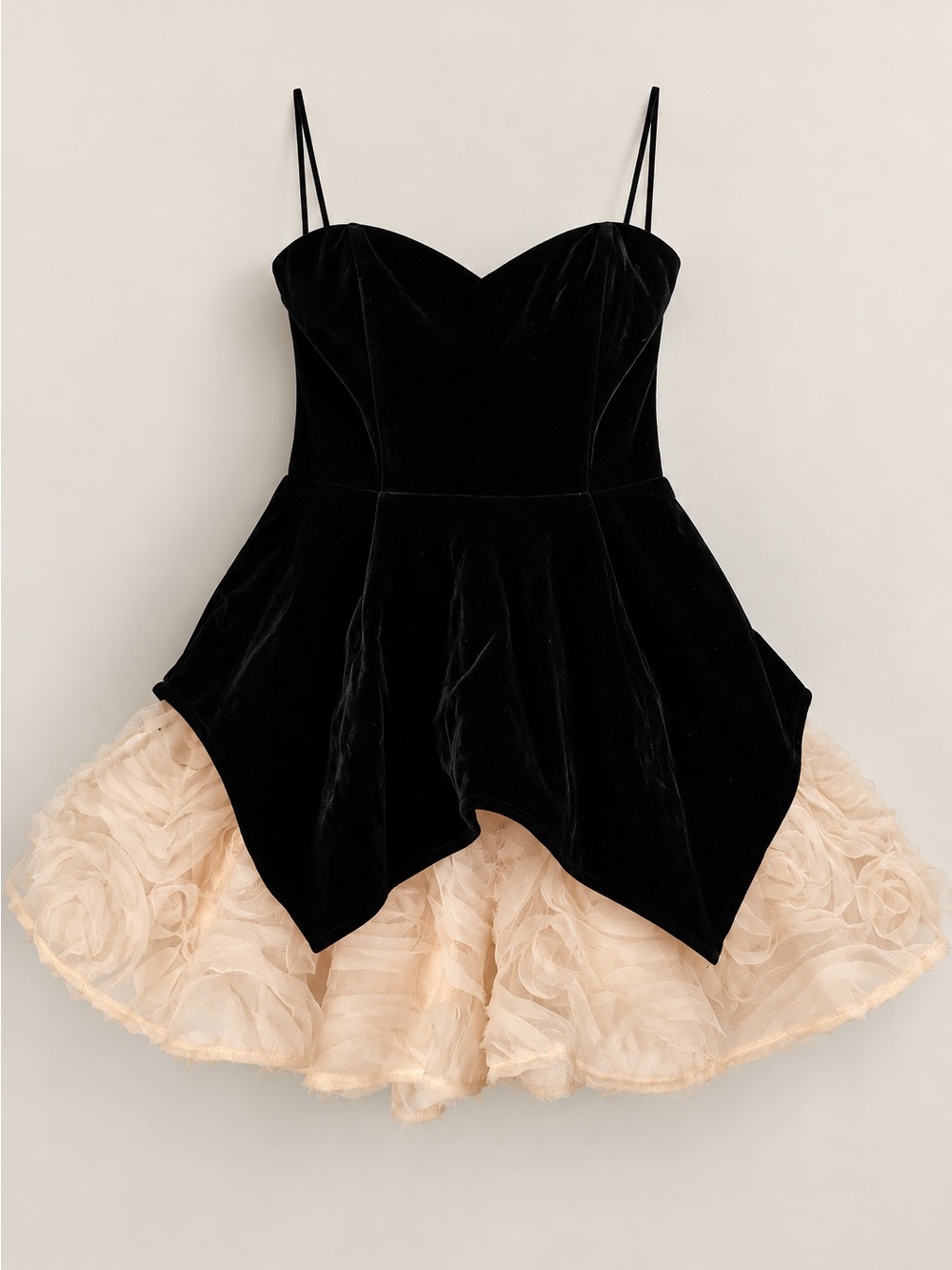 Fashion Nova Black Velvet Sweetheart Strapless Dress with Cream Tulle Skirt